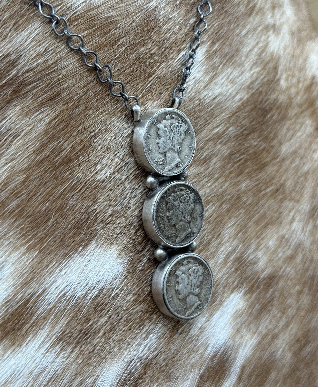 Navajo Handmade Sterling Silver Liberty Dime Cluster Bar Lariat Necklace 18”