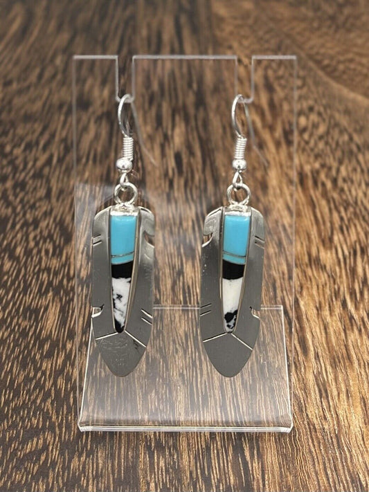 Native American Sterling Silver Navajo Handmade Turquoise Inlay Dangle Earring