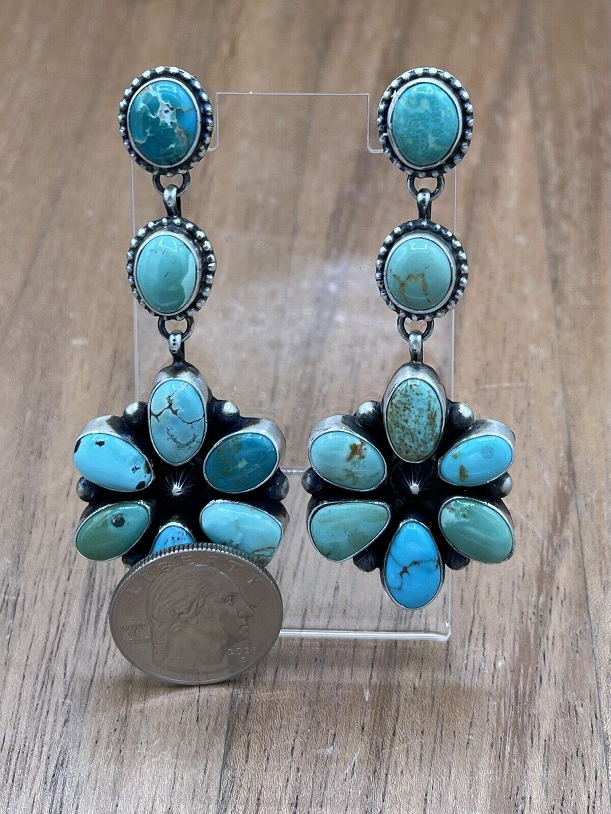 Native American Navajo Handmade Silver Kingman Turquoise Dangle Cluster Earrings