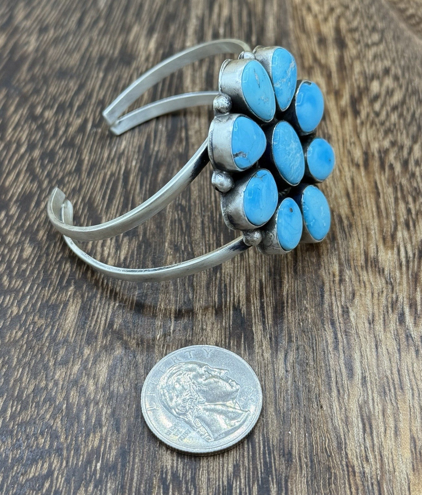 Navajo Handmade Sterling Silver Blue Ridge Turquoise Cluster Cuff Bracelet