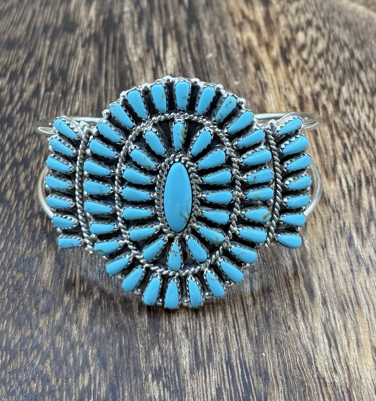 Native American Navajo Handmade Sterling Silver Turquoise Cluster Cuff Bracelet