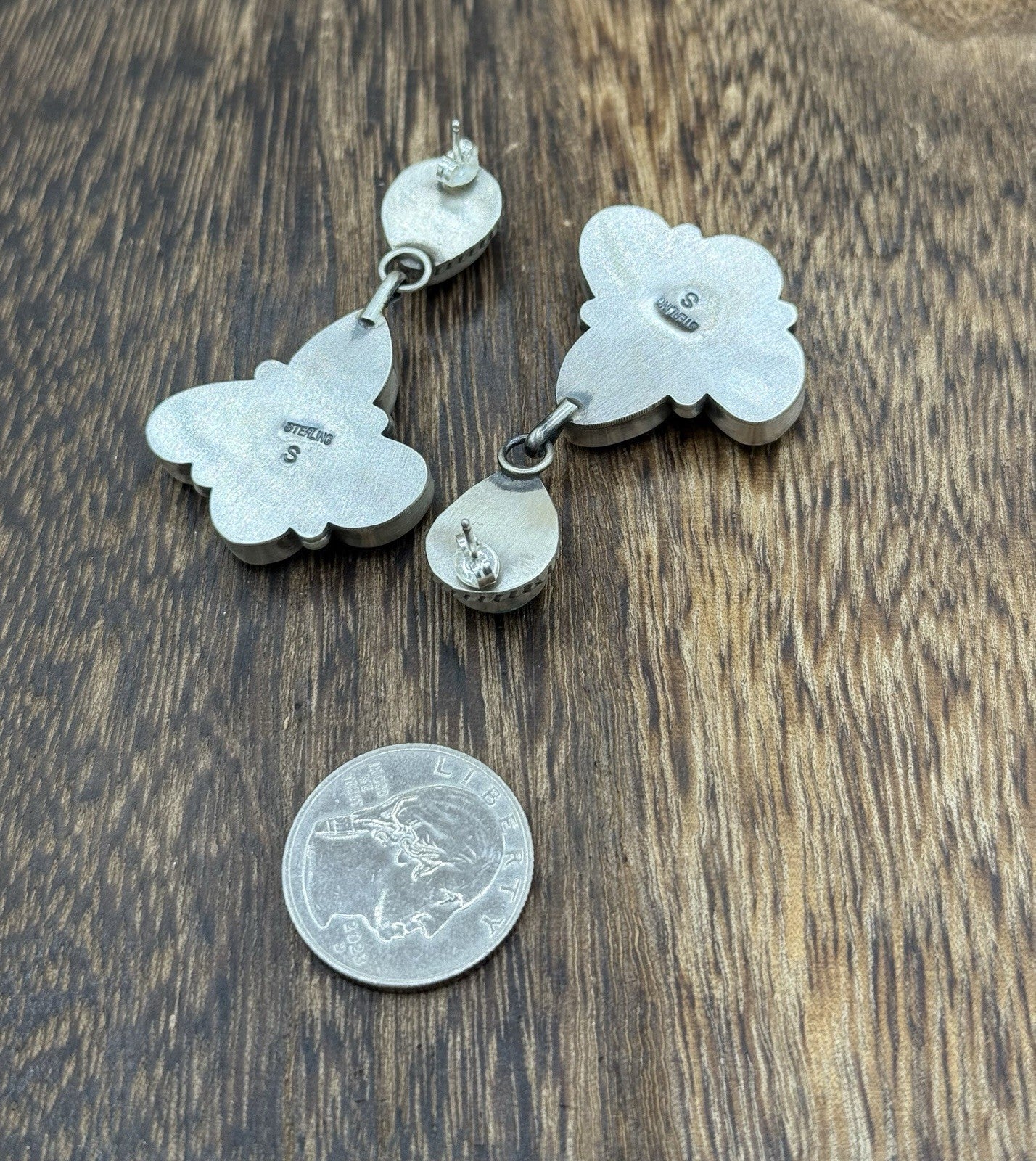 Navajo Handmade Sterling Silver Blue Bird Turquoise Cluster Post Dangle Earrings