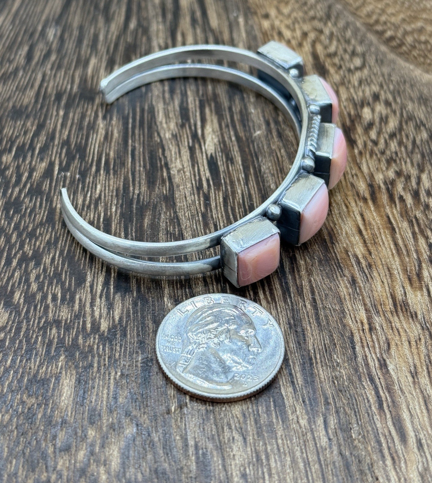 Navajo Handmade Sterling Silver Pink Conch Stacker Cluster Cuff Bracelet