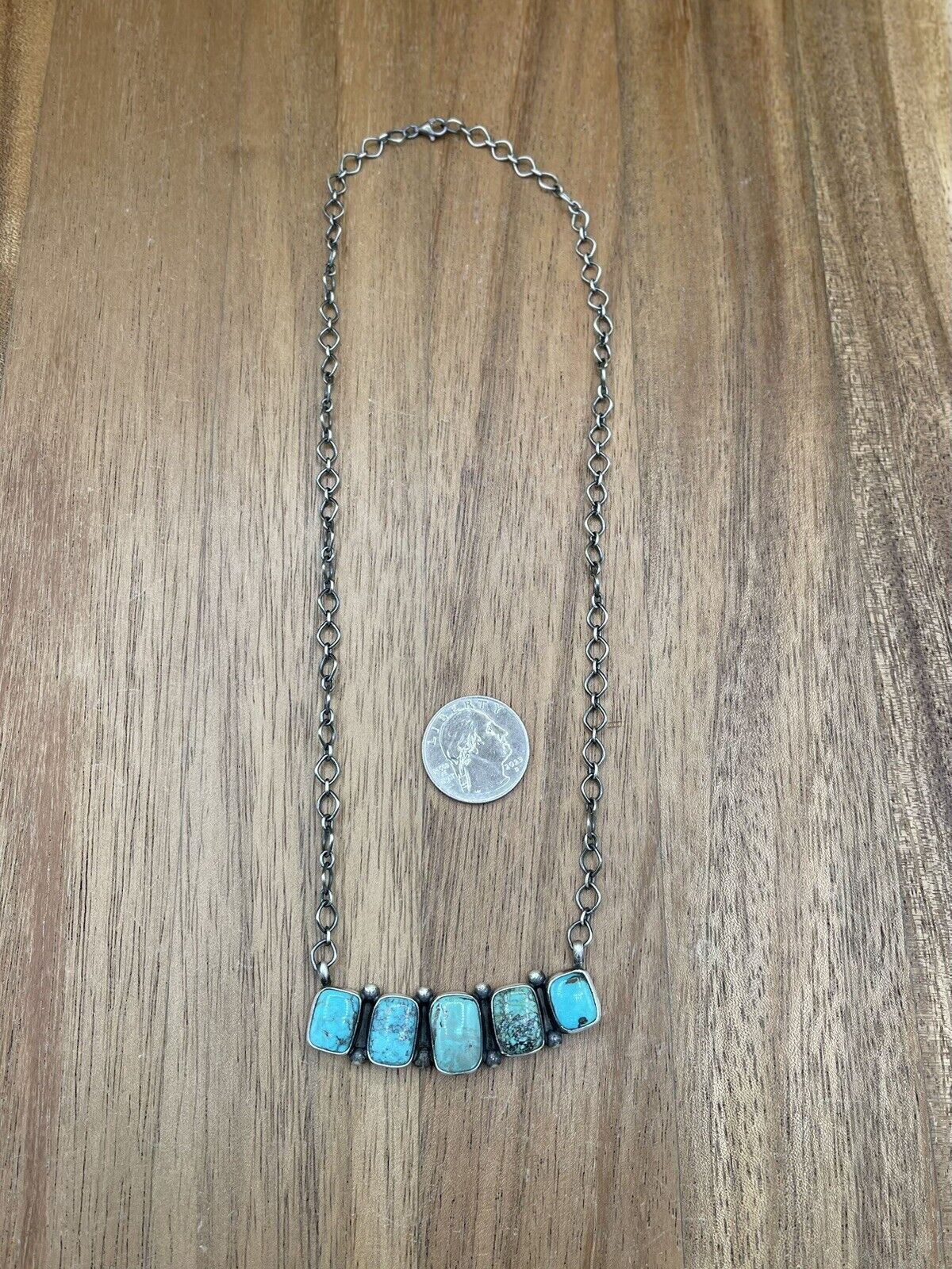 Native American Navajo Handmade Sterling Silver Kingman Turquoise Bar Necklace