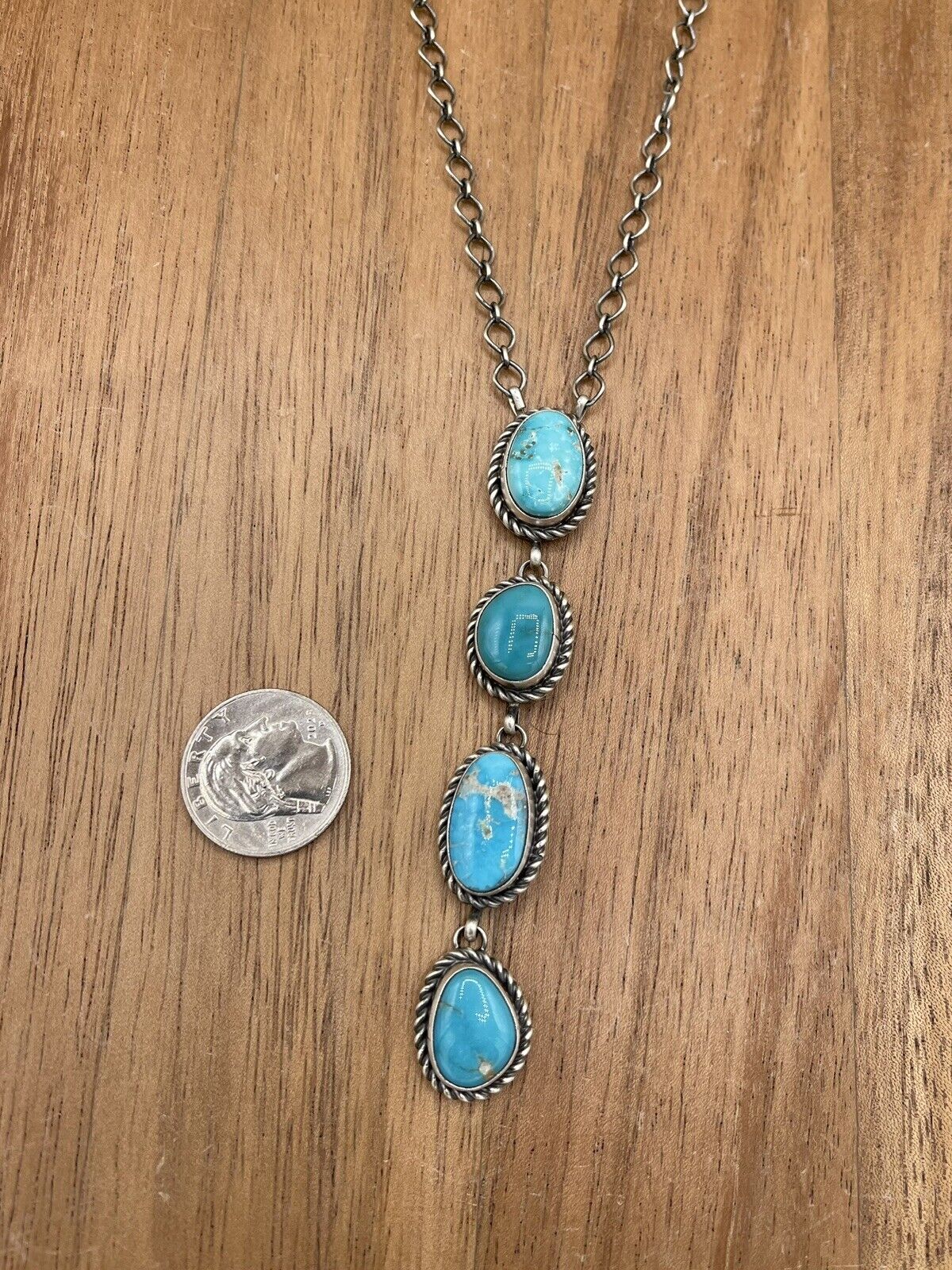 Native American Navajo Handmade Silver Kingman Turquoise Drop Bar Necklace 18”