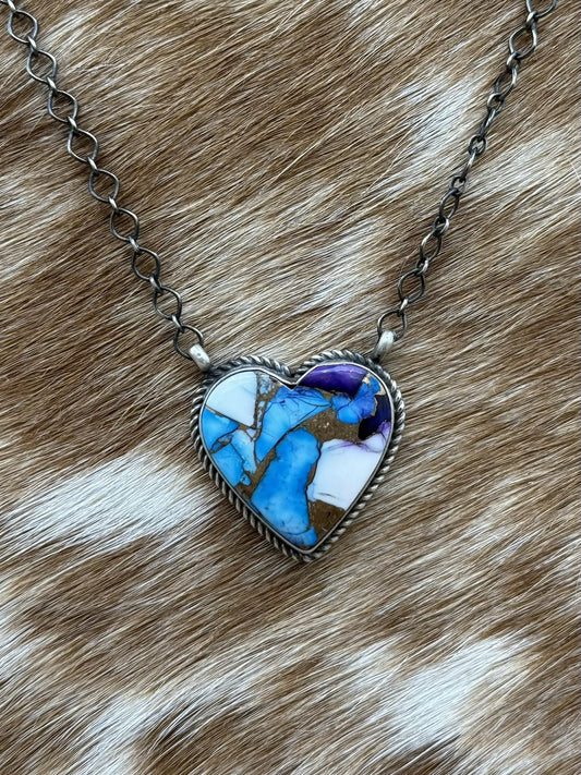 Navajo Handmade Sterling Silver Violet Rose & Blue Dahlia Bar Necklace 18”