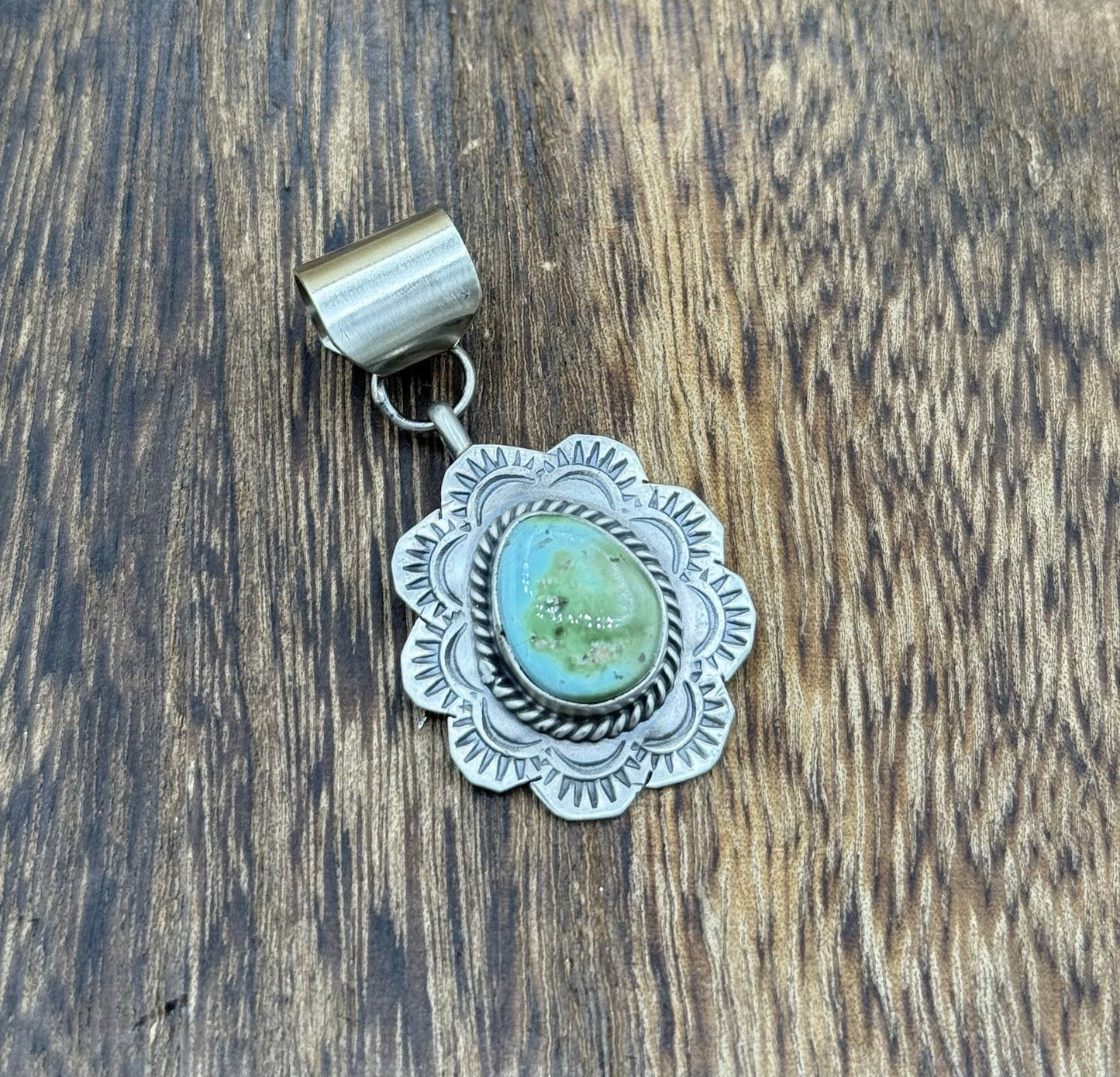 Navajo Handmade Sterling Silver Sonoran Gold Turquoise Stamped Drop Pendant