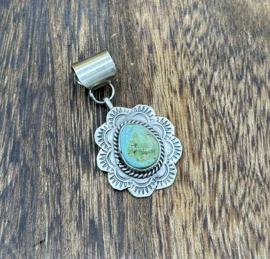 Navajo Handmade Sterling Silver Sonoran Gold Turquoise Stamped Drop Pendant
