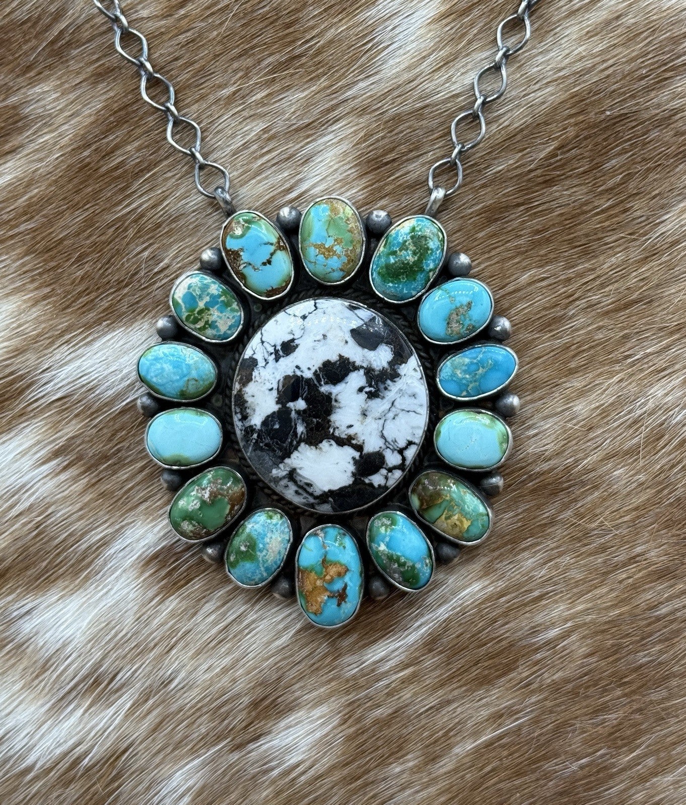 Navajo Handmade Silver Sonoran Gold Turquoise & White Buffalo Cluster Necklace