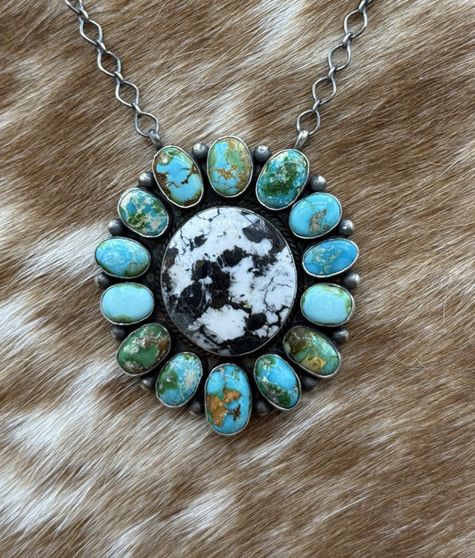 Navajo Handmade Silver Sonoran Gold Turquoise & White Buffalo Cluster Necklace