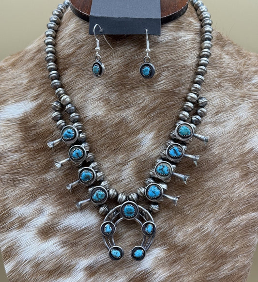 Navajo Handmade Sterling Silver Turquoise Shadowbox Squash Blossom Necklace 17”