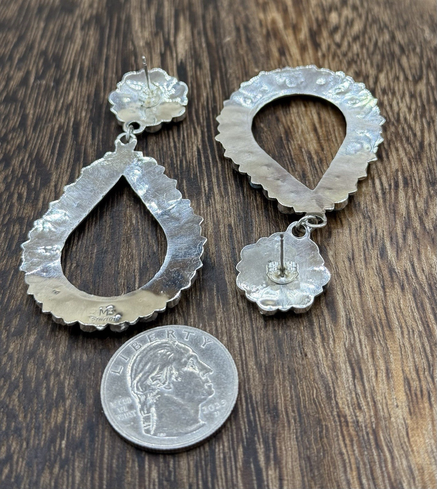 Navajo Handmade Sterling Silver Turquoise Cluster Post Drop earrings Large