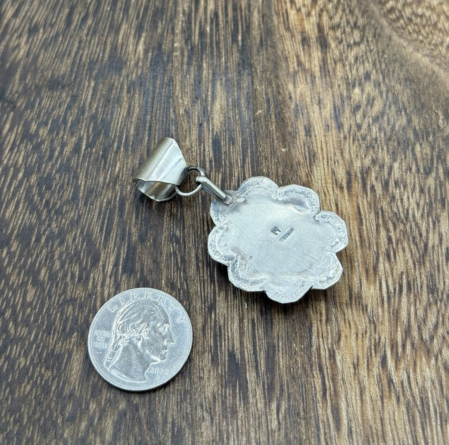 Navajo Handmade Sterling Silver Royston Turquoise Stamped Design Drop Pendant