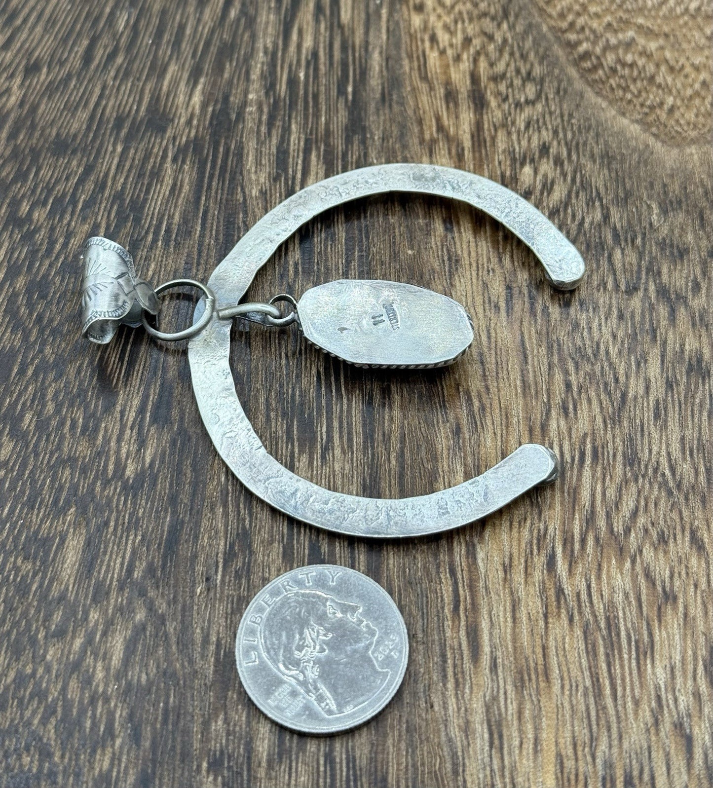 Navajo Handmade Sterling Silver Stamped Red Spiny Oyster Shell Naja Pendant