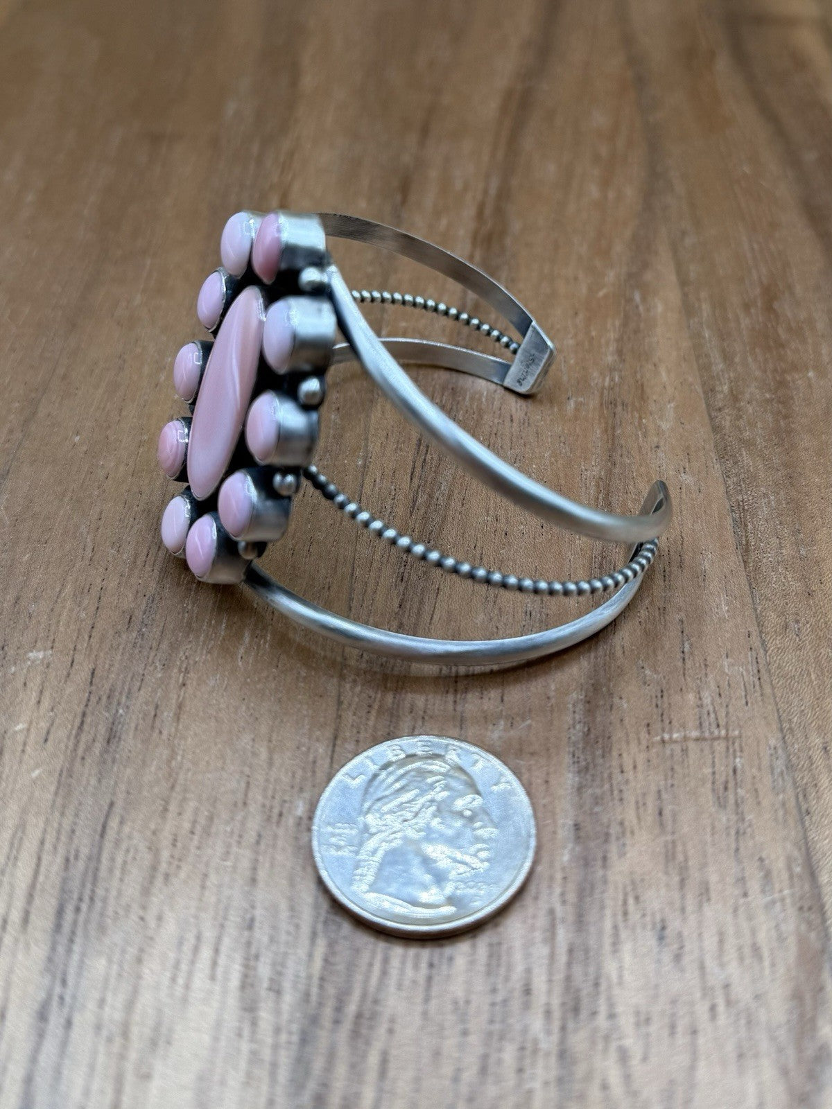 Navajo Handmade Sterling Silver Pink Conch Cluster Cuff Bracelet Large