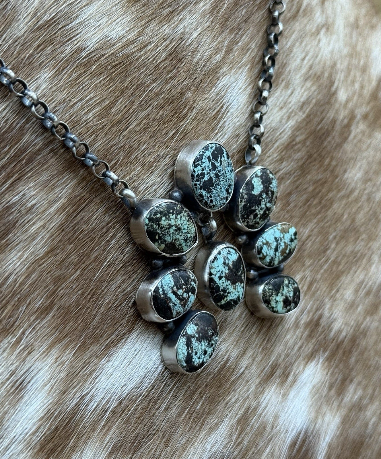 Navajo Handmade Sterling Silver Blackjack Turquoise Cluster Naja Necklace 18”