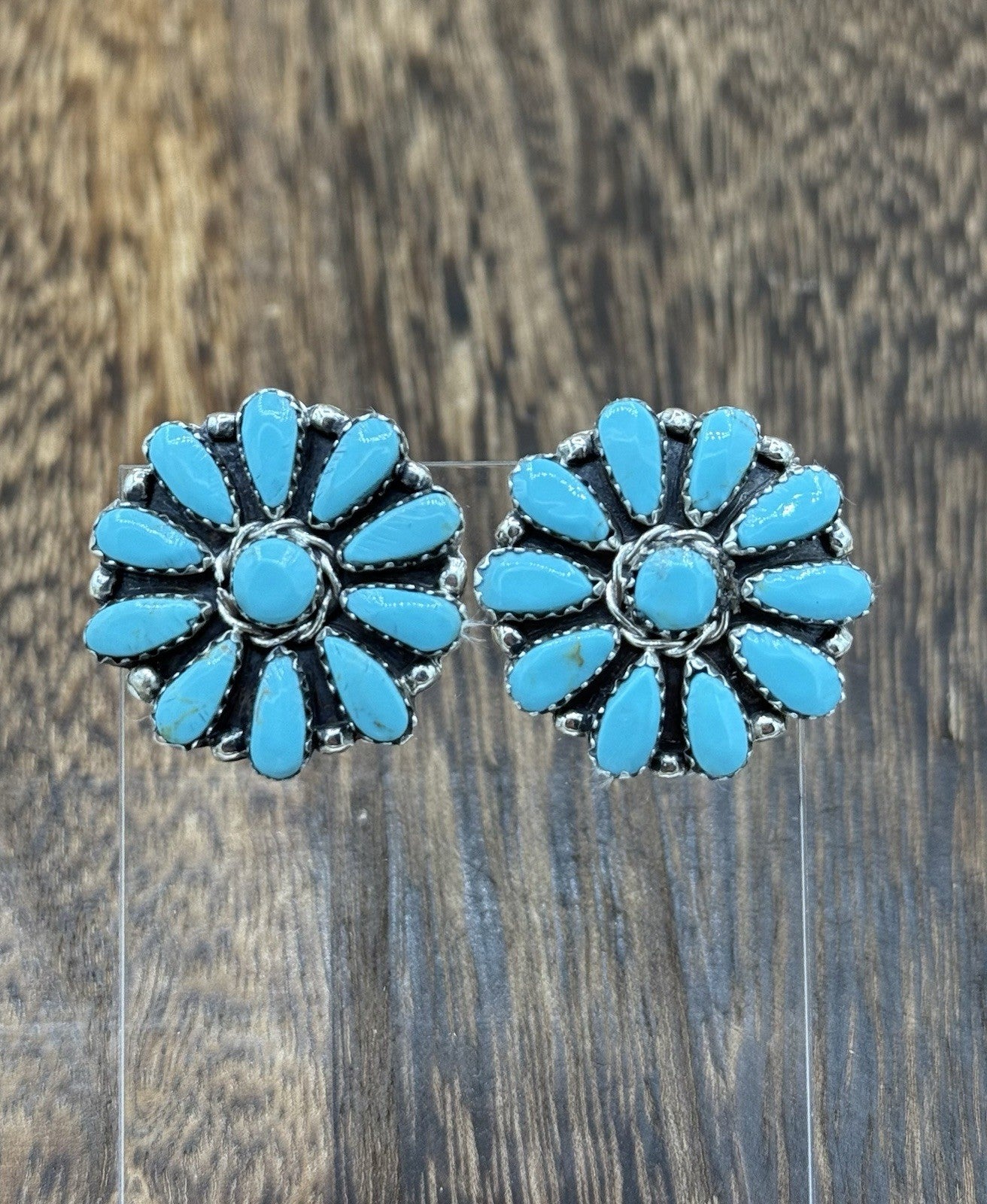 Native American Navajo Handmade Sterling Silver Turquoise Cluster Stud Earrings