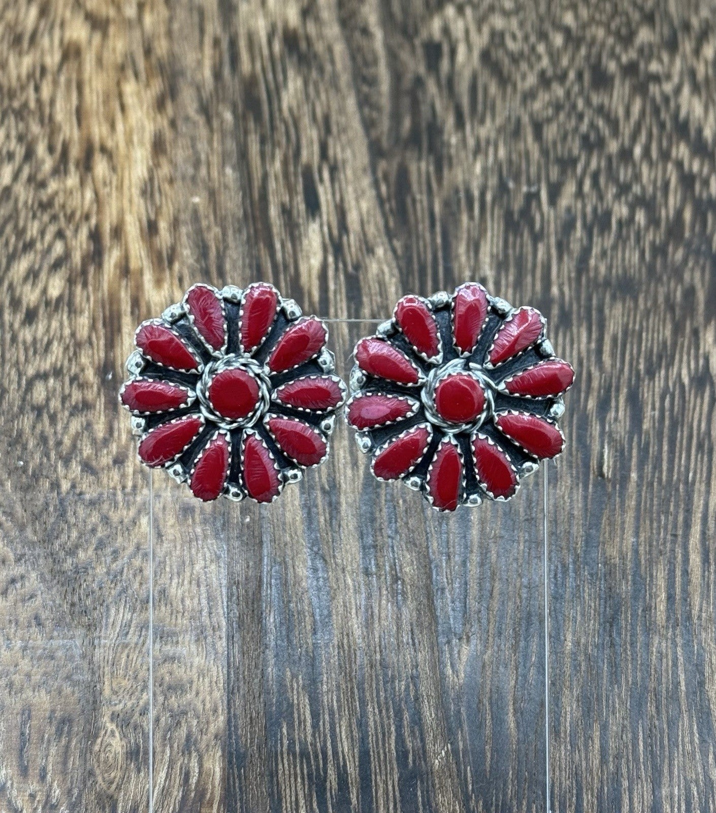Native American Navajo Handmade Sterling Silver Red Coral Cluster Stud Earrings