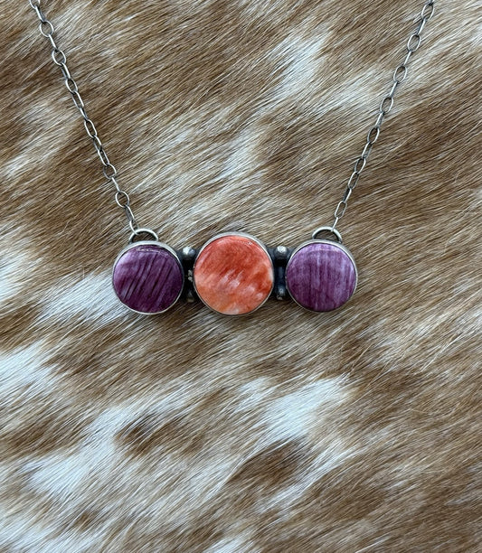 Navajo Handmade Sterling Silver Multicolor Spiny Oyster Cluster Bar Necklace 18”