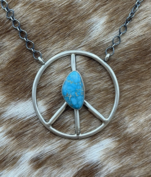 Native American Navajo handmade Sterling Silver Turquoise Peace Hippie Necklace