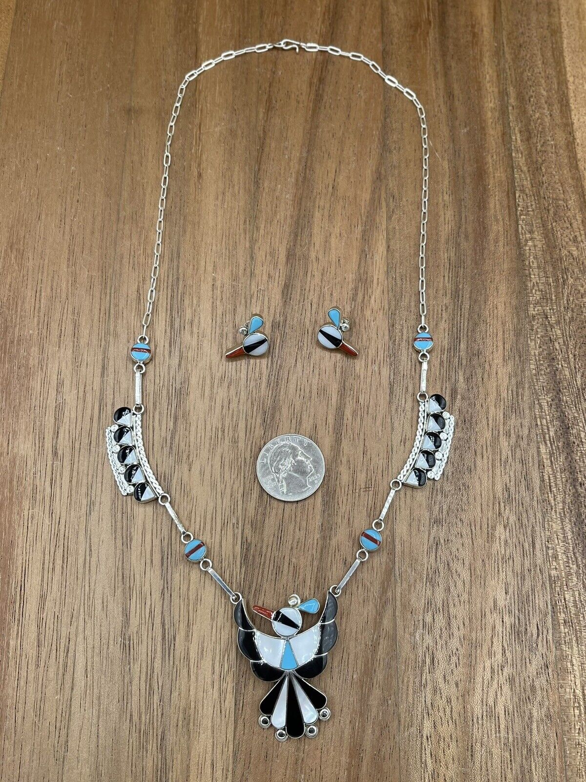 Native American Zuni handmade Silver Multi-stone Inlay Thunderbird Necklace 22”