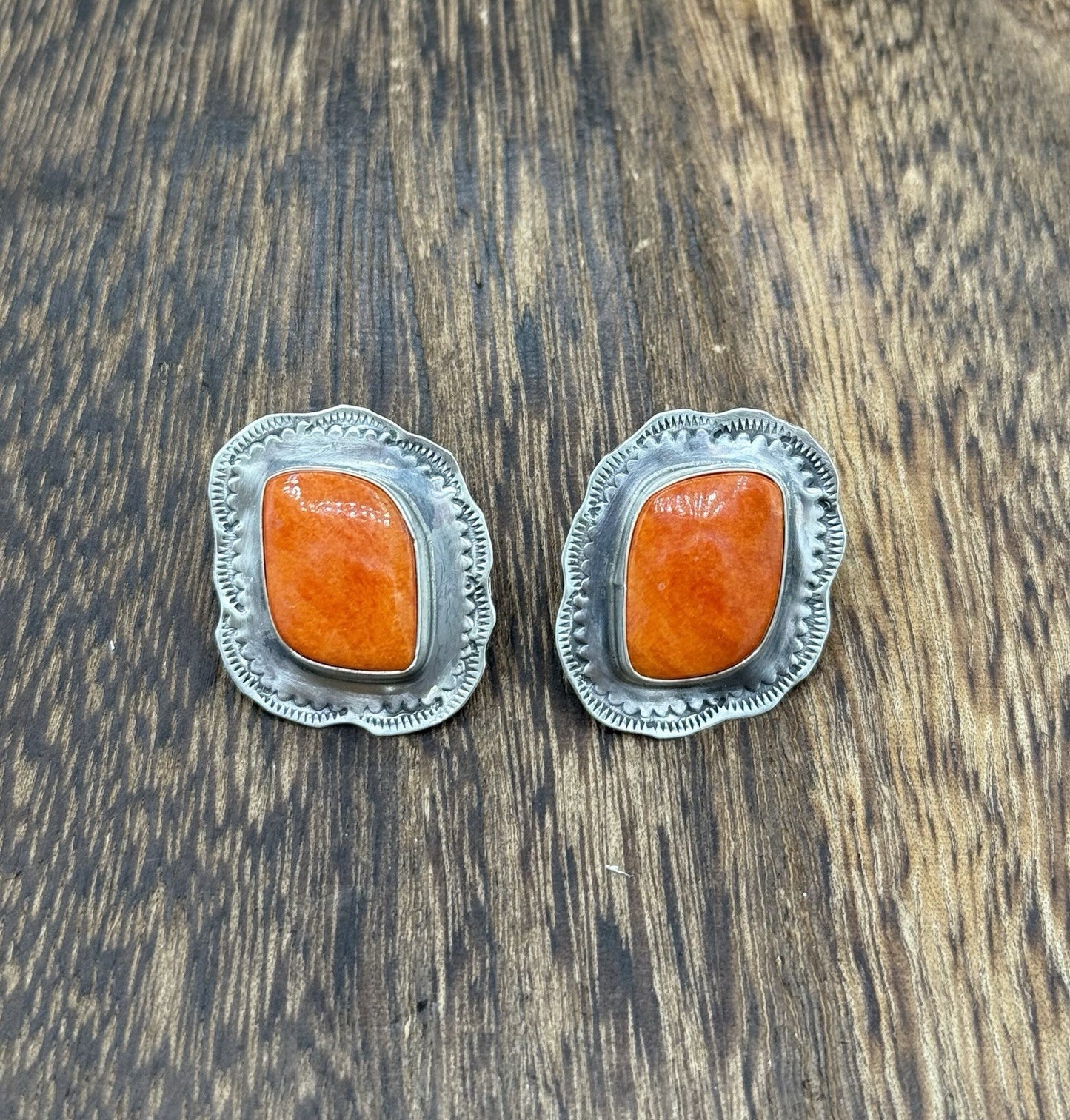 Navajo Handmade Sterling Silver Orange Spiny Oyster Shell Stamped Post Earrings
