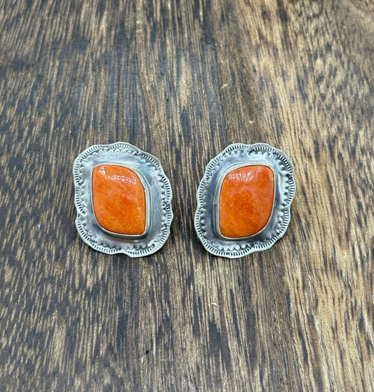 Navajo Handmade Sterling Silver Orange Spiny Oyster Shell Stamped Post Earrings