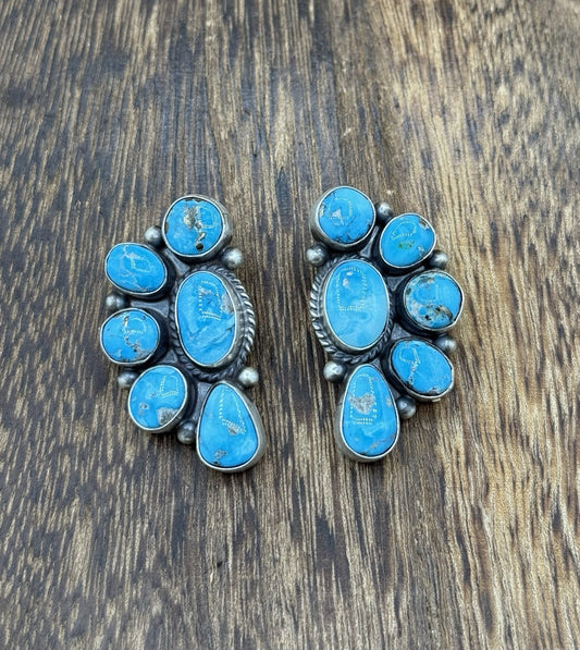 Navajo Handmade Sterling Silver Blue Ridge Turquoise Half Cluster Large Earrings
