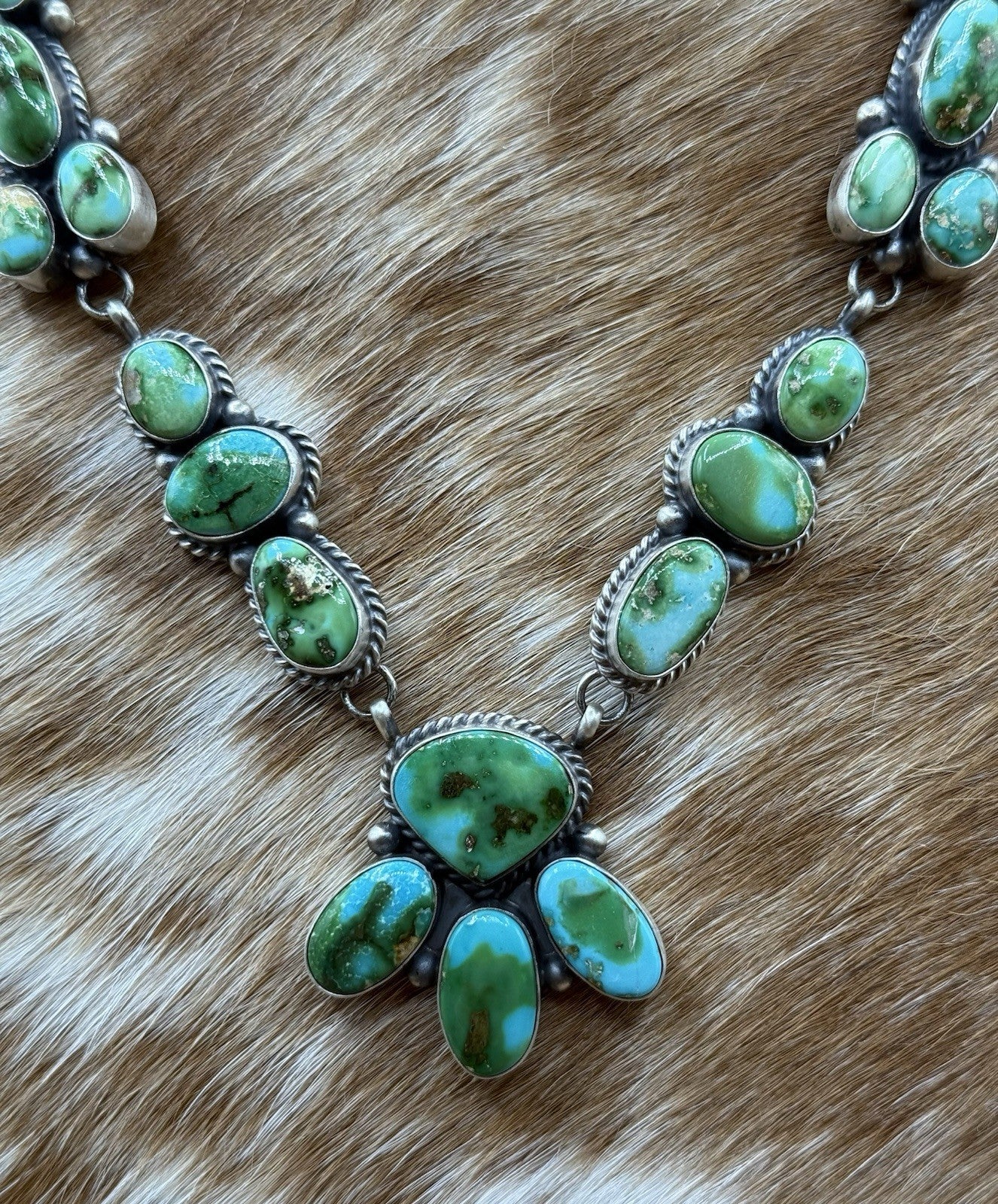 Navajo Handmade Sterling Silver Sonoran Gold Turquoise Cluster Necklace Set 20”