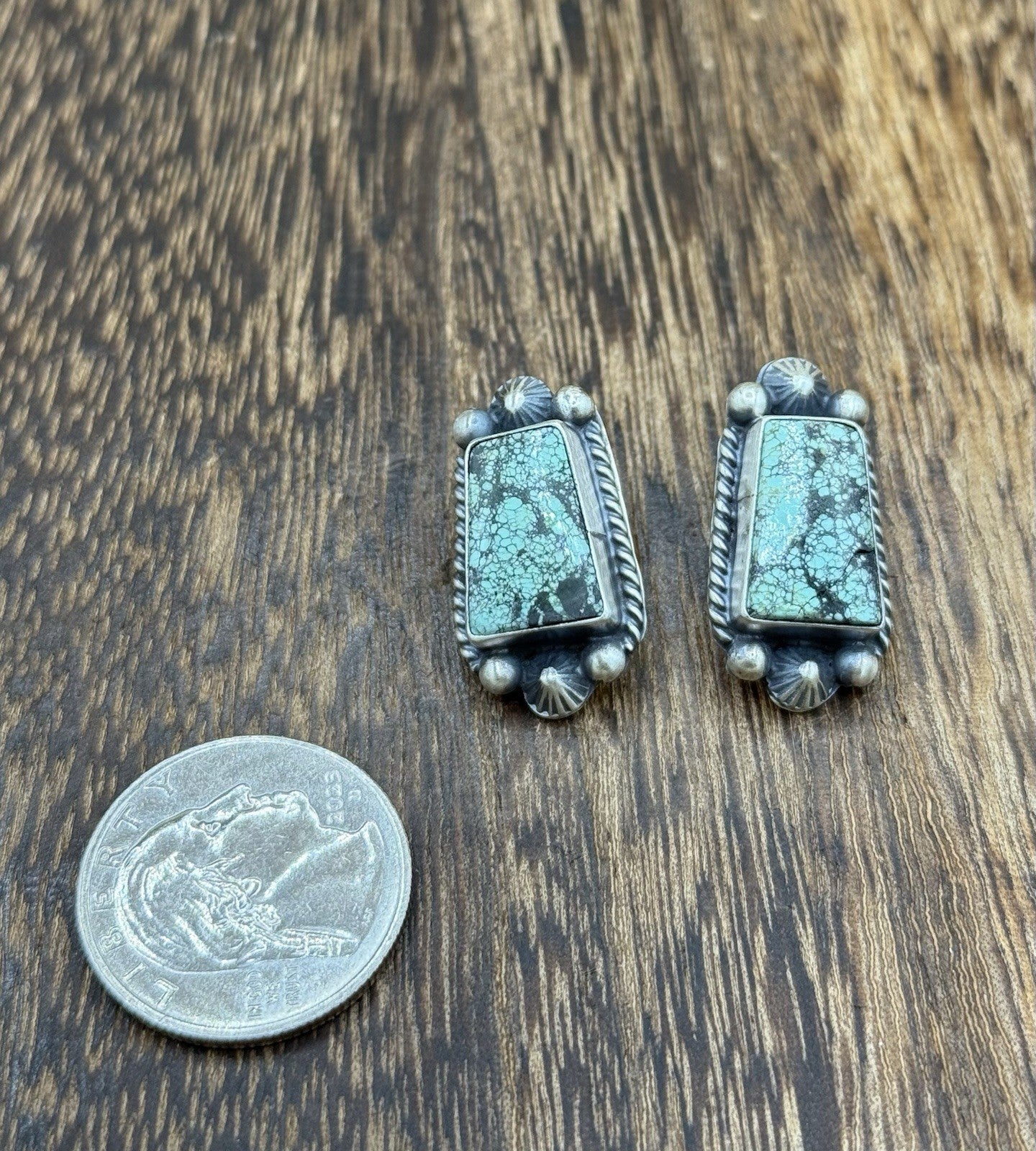 Navajo Handmade Sterling Silver Blackjack Turquoise Old Look Post Stud Earrings