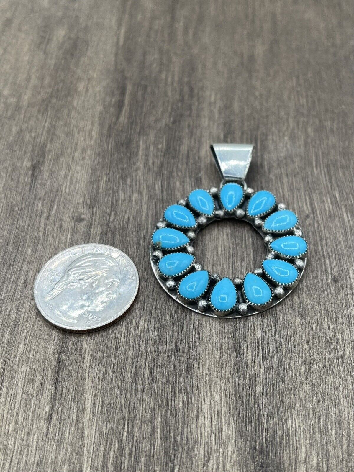 Native American Sterling Silver Navajo Handmade Natural Turquoise Pendant