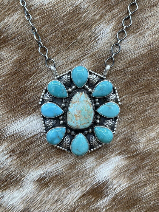 Native American Navajo Handmade Silver Turquoise Cluster Necklace 18 Inch