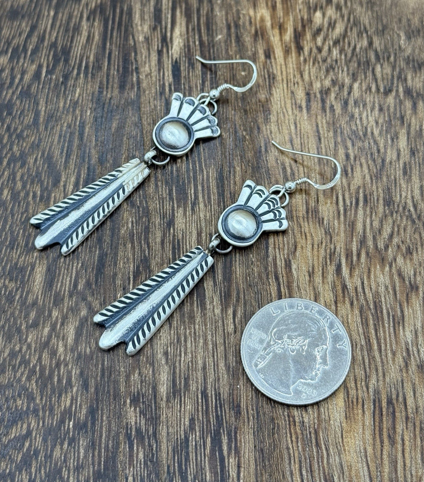 Navajo Handmade Sterling Silver Old Look Stamped Concho Design Dangle Earrings