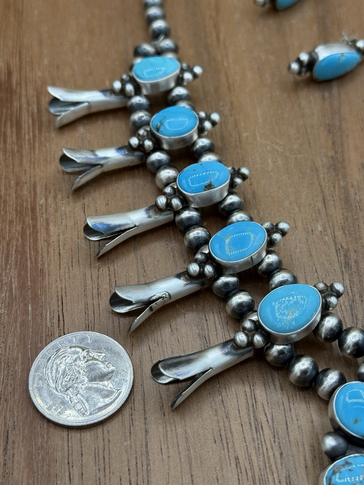 Navajo Handmade Sterling Silver Kingman Turquoise Squash Blossom Necklace 20”