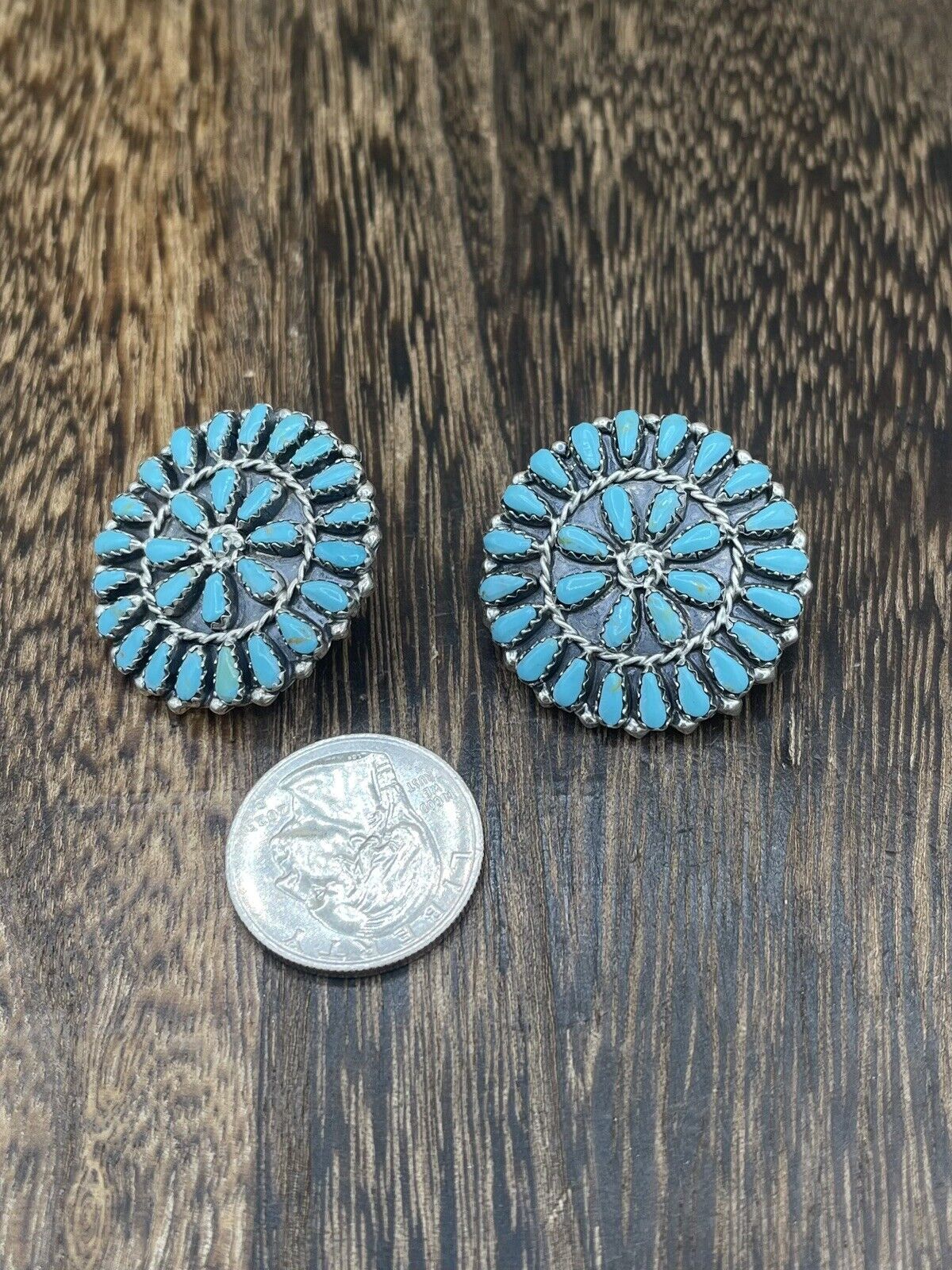 Native American Navajo Handmade Sterling Silver Turquoise Cluster Post earrings