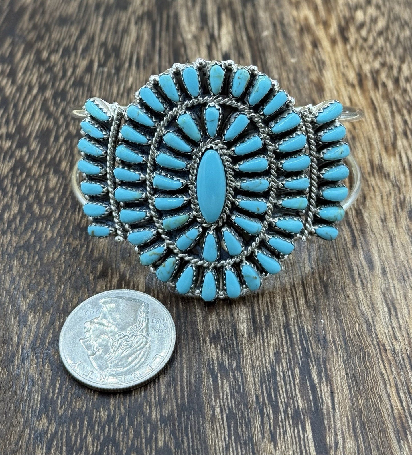 Native American Navajo Handmade Sterling Silver Turquoise Cluster Cuff Bracelet