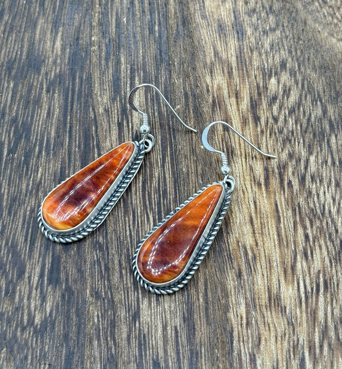 Native Navajo Handmade Sterling Silver Orange Spiny Oyster Shell Dangle Earrings