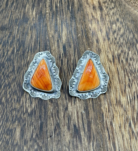 Navajo Handmade Sterling Silver Orange Spiny Oyster Shell Stamped Post Earrings