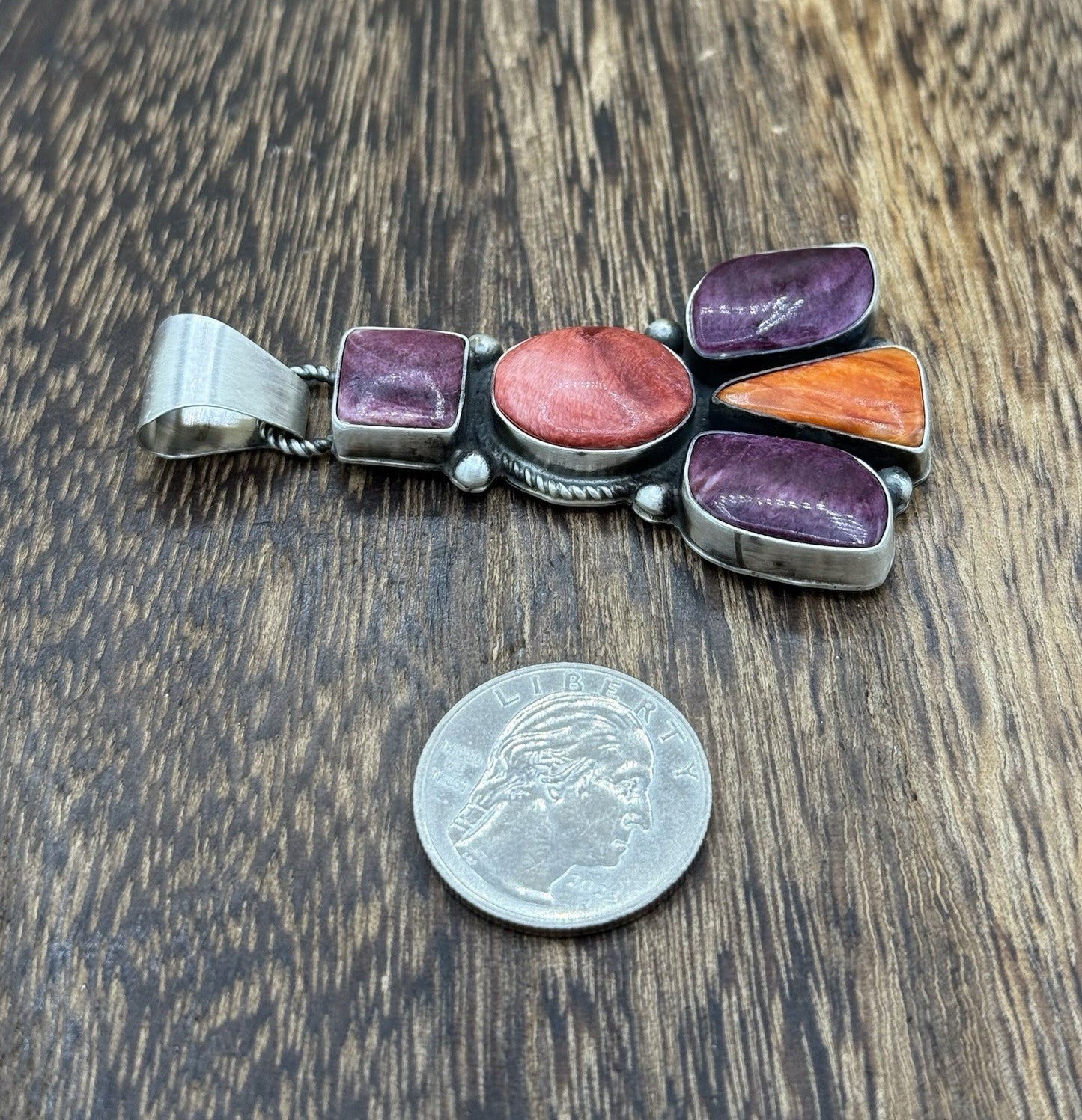 Native Navajo Handmade Sterling Silver Multi Spiny Oyster Shell Cluster Pendant