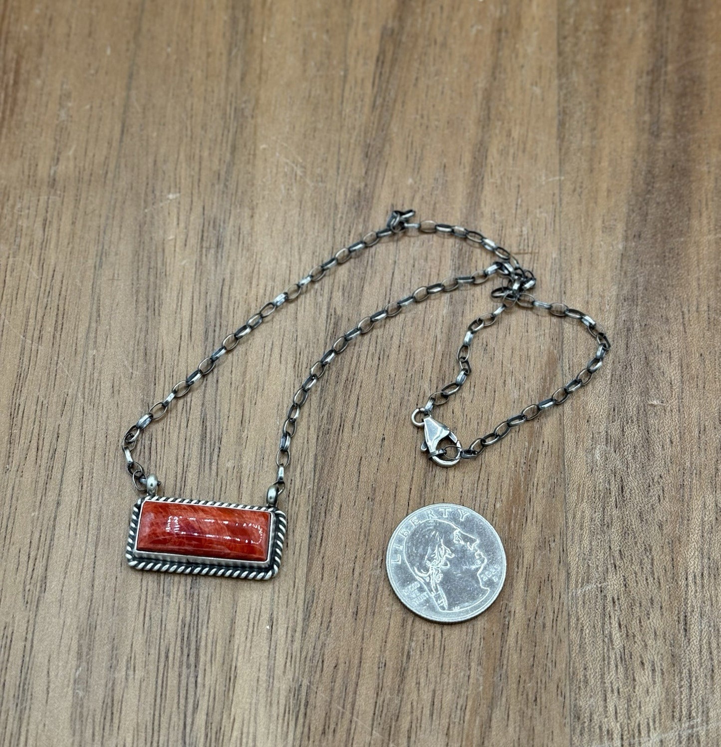 Navajo Handmade Sterling Silver Red Spiny Oyster Bar Necklace 16” Judith Dixon
