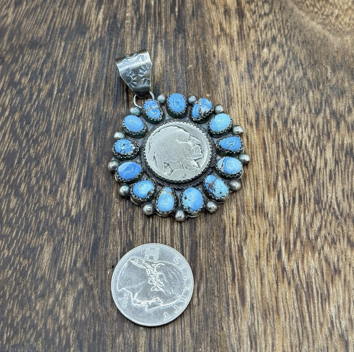 Navajo Handmade Sterling Silver Golden Hills Turquoise Cluster Coin Pendant