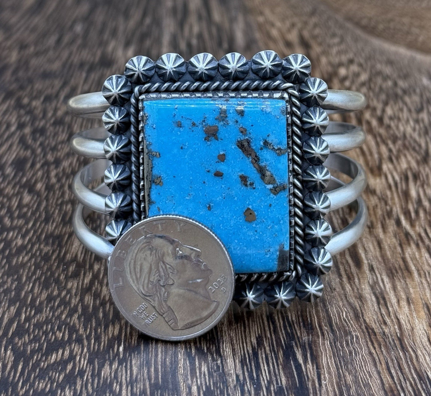 Native Navajo Handmade Sterling Silver Morenci Turquoise Old Look Cuff Bracelet