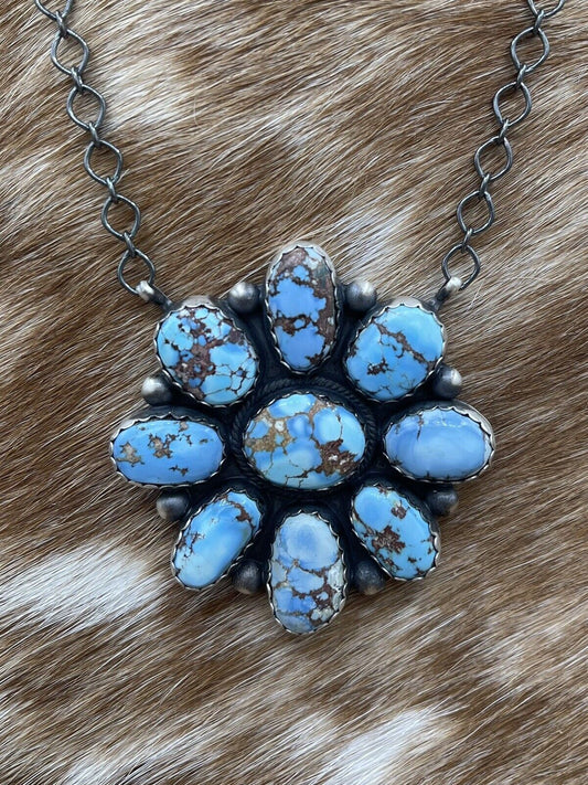 Native American Navajo Handmade Sterling Silver Turquoise Cluster Necklace 18”