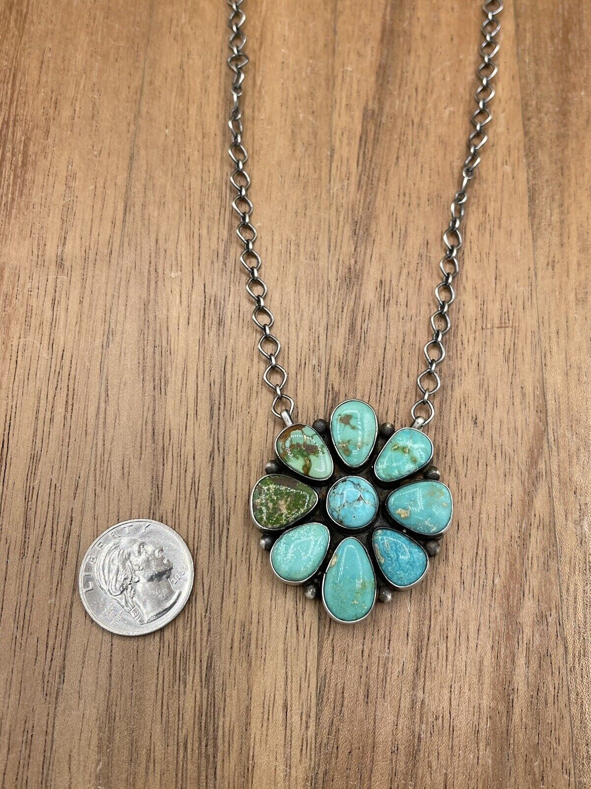 Native American Navajo Handmade Silver Sonoran Turquoise Cluster Bar Necklace