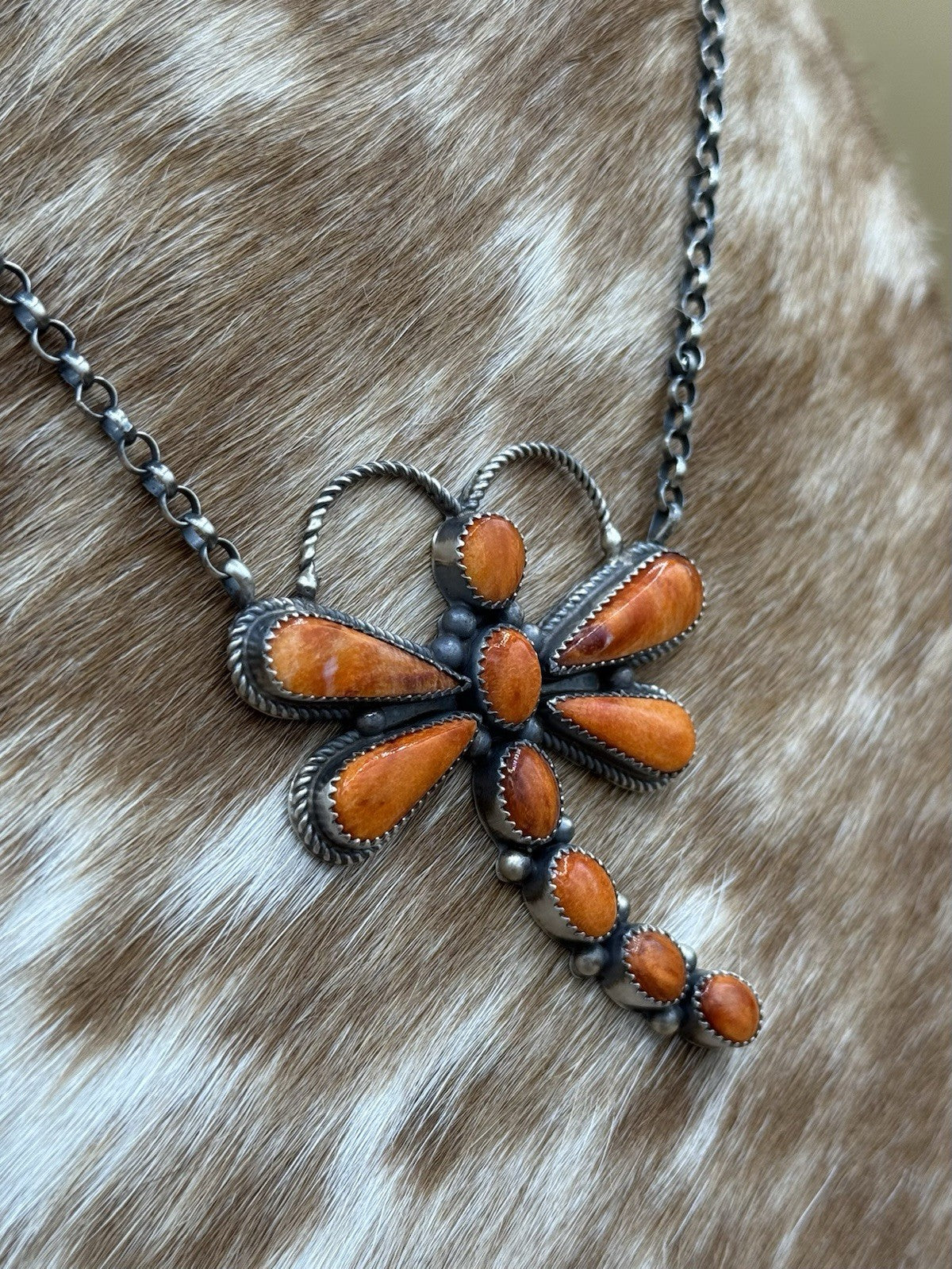 Navajo Handmade Sterling Silver Orange Spiny Oyster Dragonfly Bar Necklace 18”