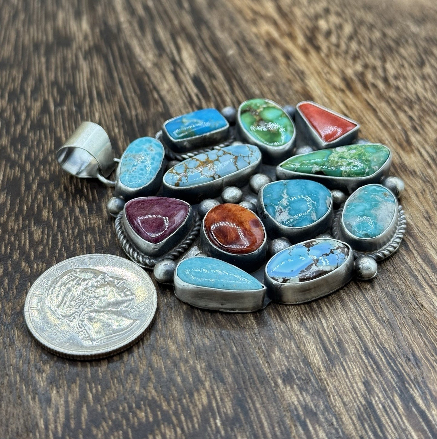 Navajo Handmade Sterling Silver Mixed Turquoise Spiny Large Cluster Pendant