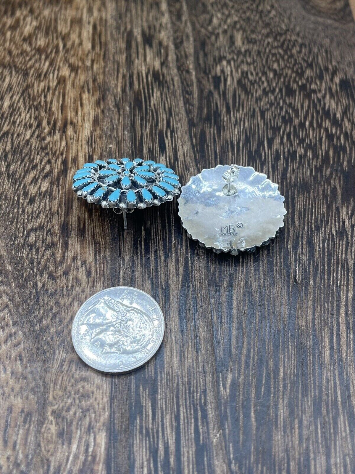 Native American Navajo Handmade Sterling Silver Turquoise Cluster Post earrings