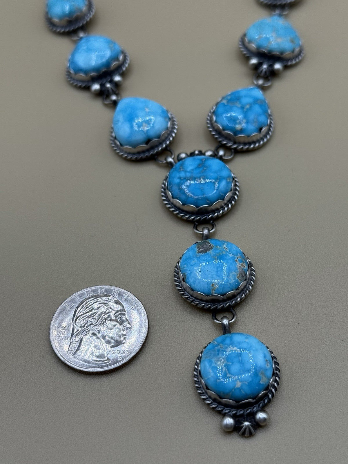 Native Navajo Handmade Sterling Silver Blue Bird Turquoise Y Lariat Necklace 24”