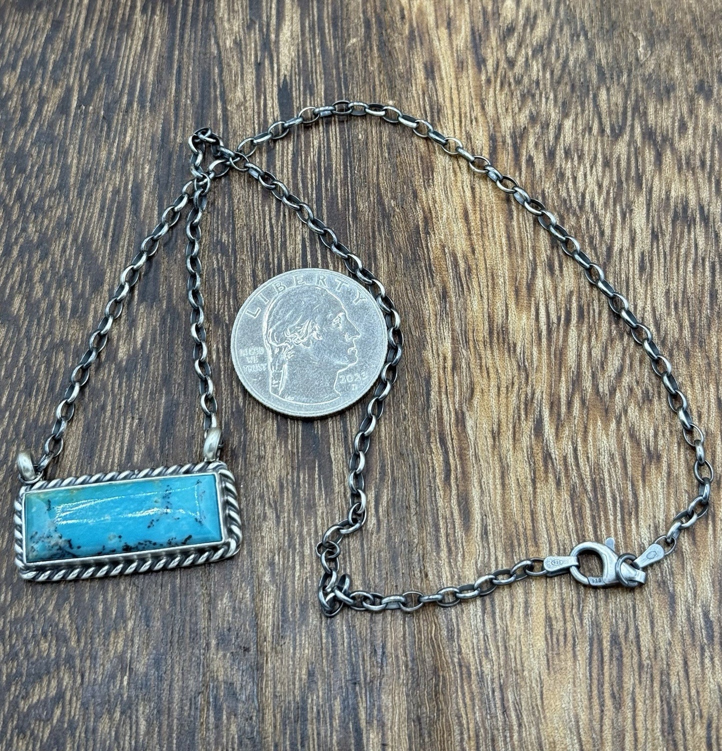 Navajo Handmade Sterling Silver Kingman Turquoise Bar Necklace 16” Augustine L.