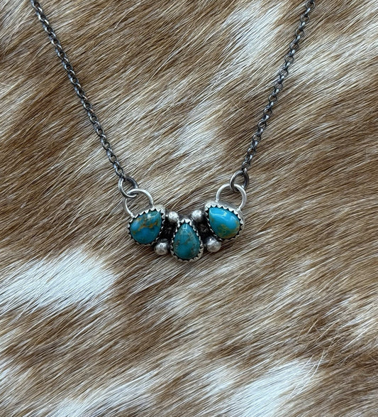 Native Navajo Handmade Silver Kingman Turquoise Cluster Bar Necklace 16”
